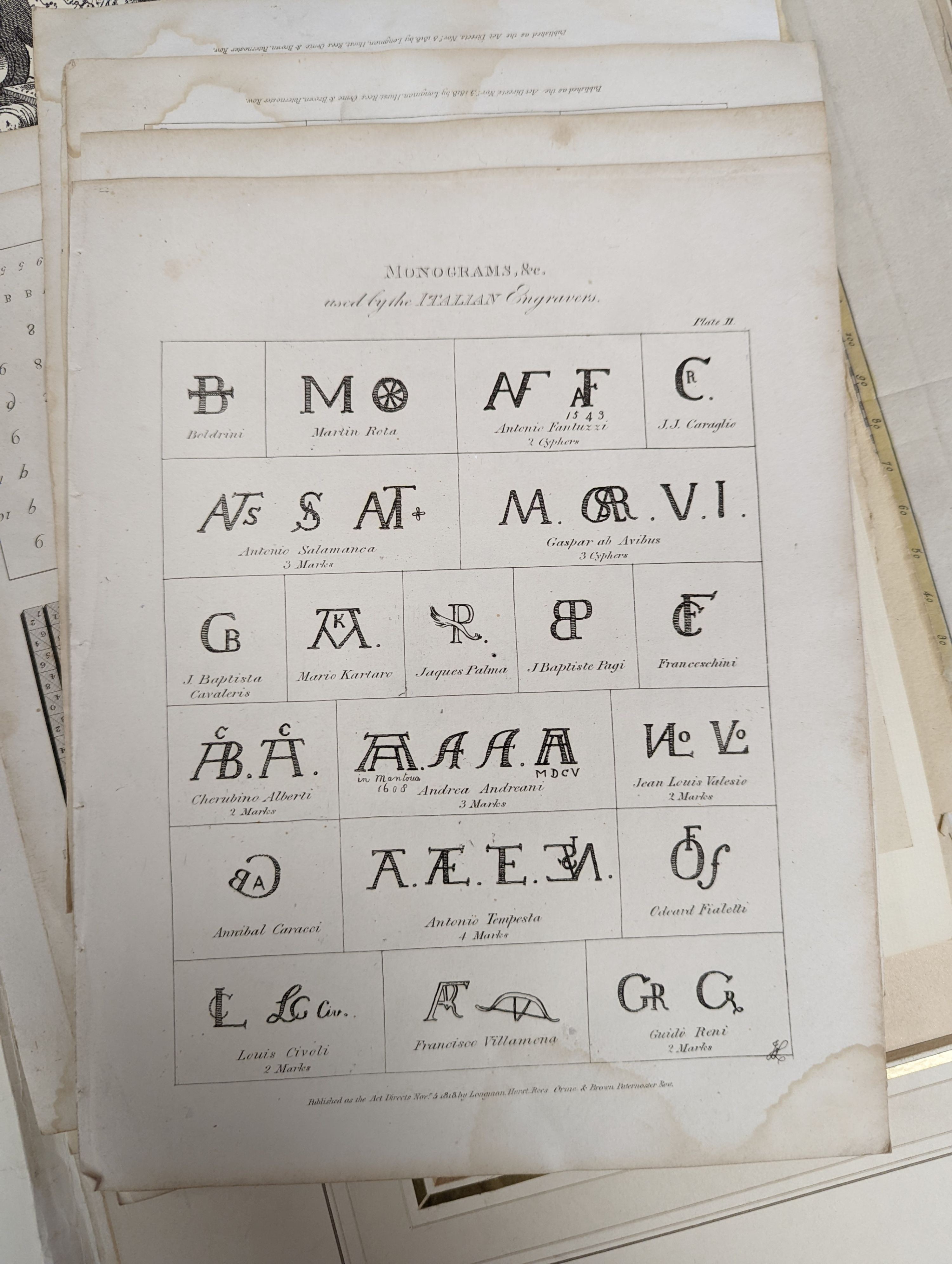 A folio of 18th/19th century maps and scientific engravings, including an engraving after Ludovico Lanberti, a map of the World plotting Bourgainvilles voyage of 1772